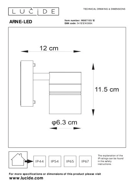 Lucide ARNE-LED - Wandspot / Wandlamp Binnen/Buiten - Ø 6,3 cm - LED - GU10 - 1x5W 2700K - IP44 - Mat chroom - technisch